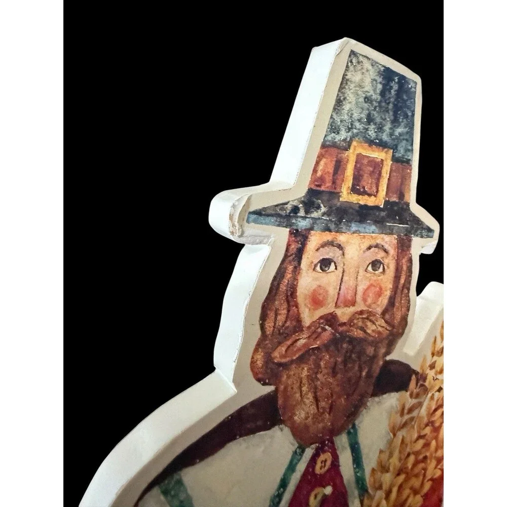 3 Vtg Hallmark Thanksgiving Pilgrims Turkey Die Cut Wooden Stand Decorations